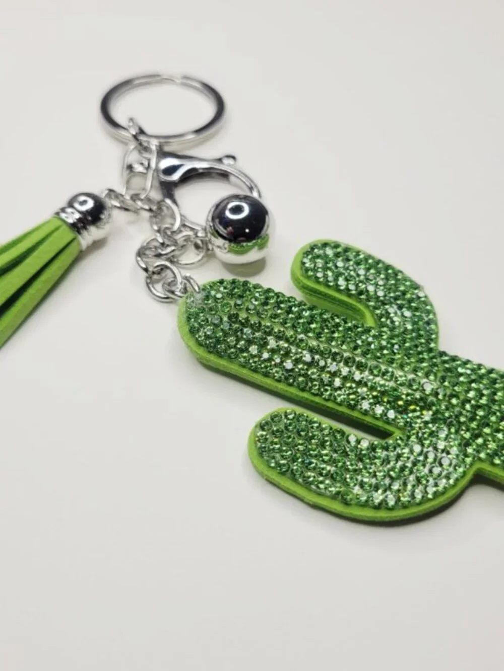 NWT Large Green And Silver Sparkling Cactus Keychain Purse Bag Charm With Tassel